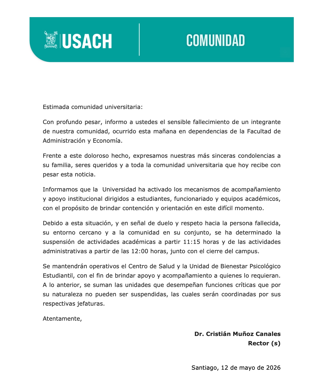 Usach suspende clases y actividades tras muerte de estudiante al interior del campus