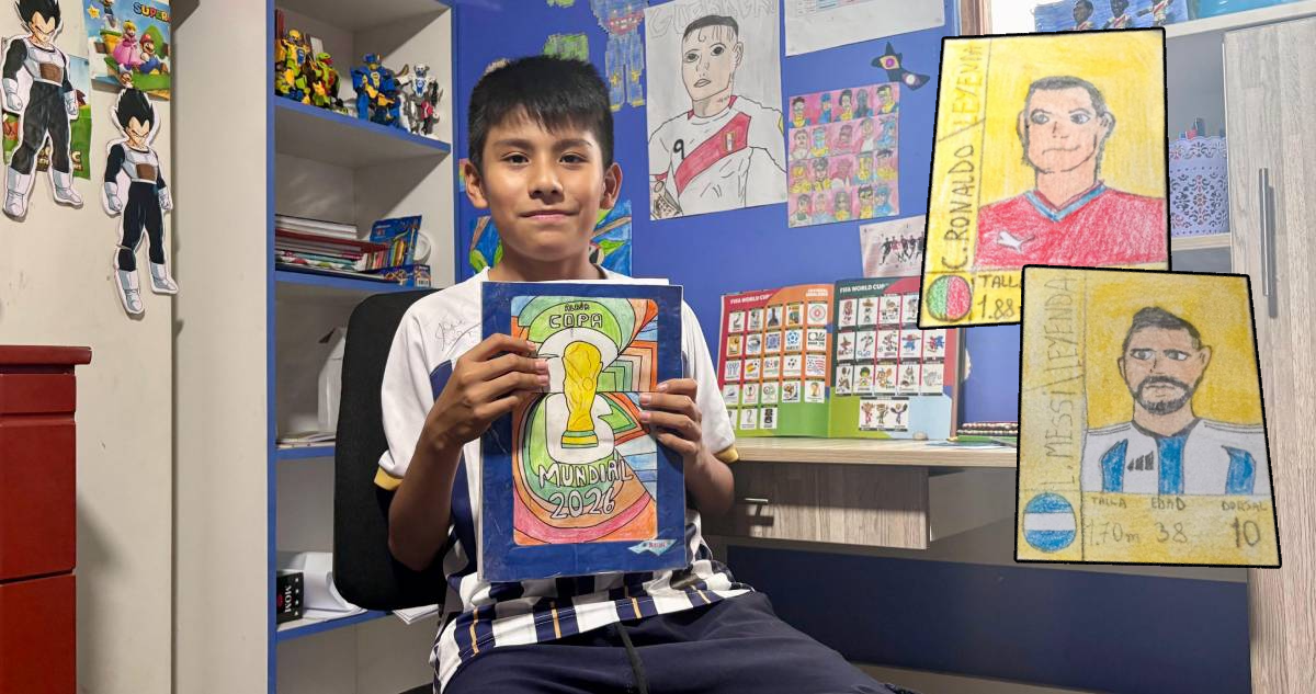 Niño dibuja a mano el álbum del mundial 2026 en Perú.
