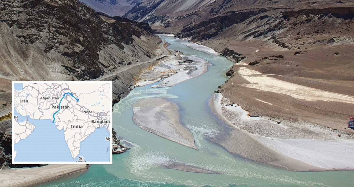 Mapa muestra río Indo entre Pakistán e India. Y foto de contexto del Río Indo.