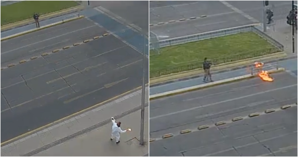 Cámara grabó ataque con molotov contra periodista de Bío Bío afuera del Instituto Nacional