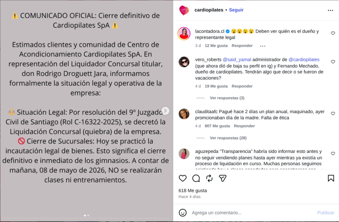 Captura de publicación del centro CardioPilates en IG