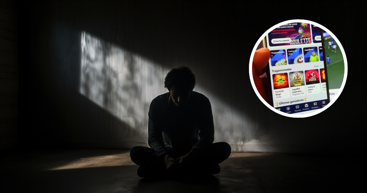 Joven en sombras y foto de aplicación de apuestas online.