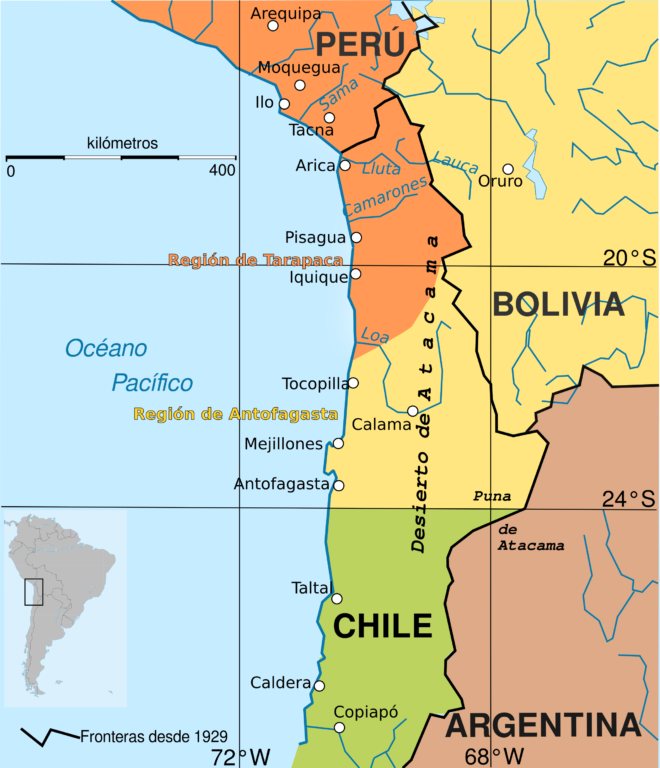 Límites entre Chile, Perú y Bolivia antes de la Guerra del Pacífico.