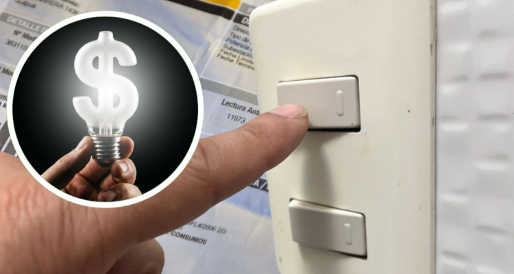 Ampolleta con forma de $. Y persona encendiendo un interruptor, con boleta de luz de fondo.