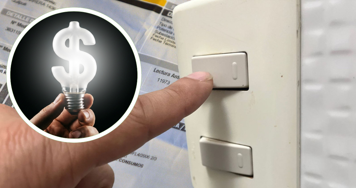 Ampolleta con forma de $. Y persona encendiendo un interruptor, con boleta de luz de fondo.