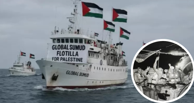 Flotilla Global Sumud y foto de los tripulantes interceptados.