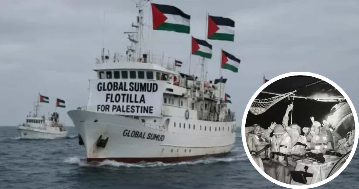 Flotilla Global Sumud y foto de los tripulantes interceptados.