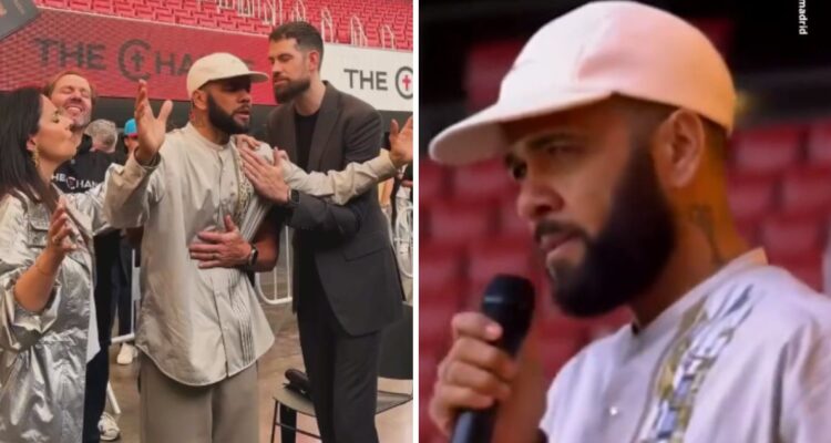Dani Alves predicando ante 35.000 personas en el estadio del Atlético de Madrid.