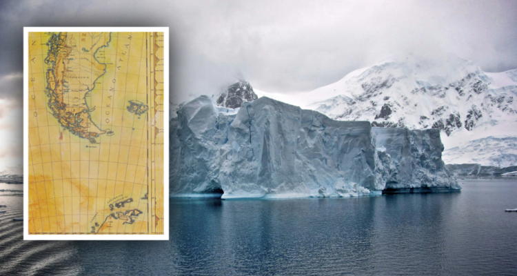 Mapa Oficial de Chile 1884 y foto de contexto de la Antártica.