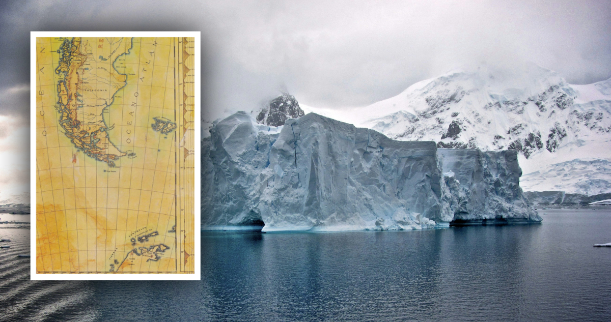 Mapa Oficial de Chile 1884 y foto de contexto de la Antártica.
