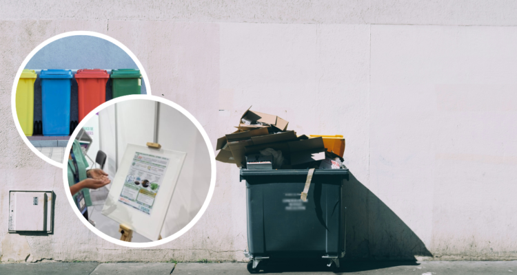 Contenedor lleno de basura. Y foto de contenedores de colores para reciclar y foto del trabajo de Ecolaben.