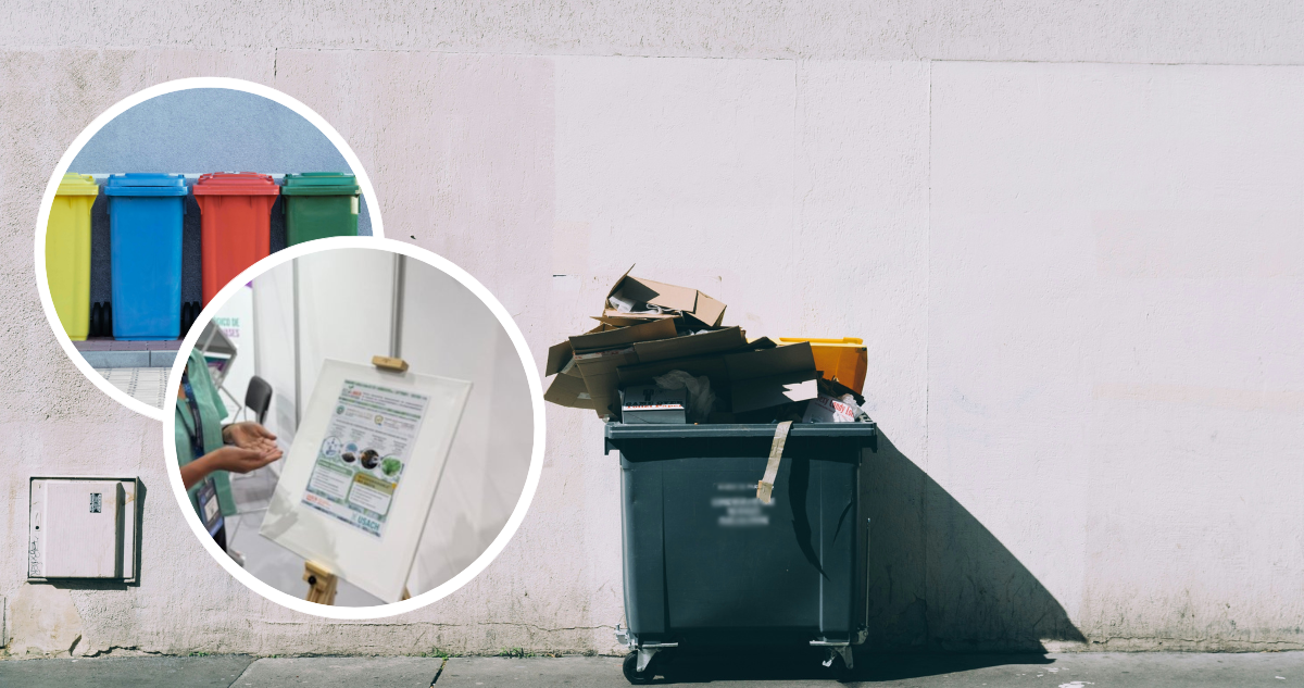 Contenedor lleno de basura. Y foto de contenedores de colores para reciclar y foto del trabajo de Ecolaben.