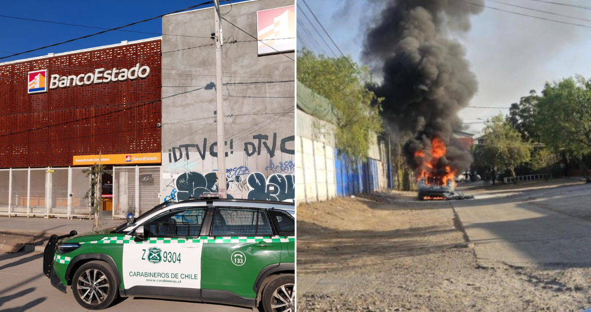 Frustran robo a Banco Estado en Conchalí auto en el que escaparon sujetos fue encontrado incendiado