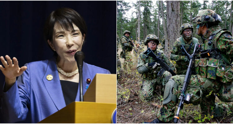 La primera ministra Sanae Takaichi (I) y soldados de la Fuerza Terrestre de Autodefensa de Japón (D)