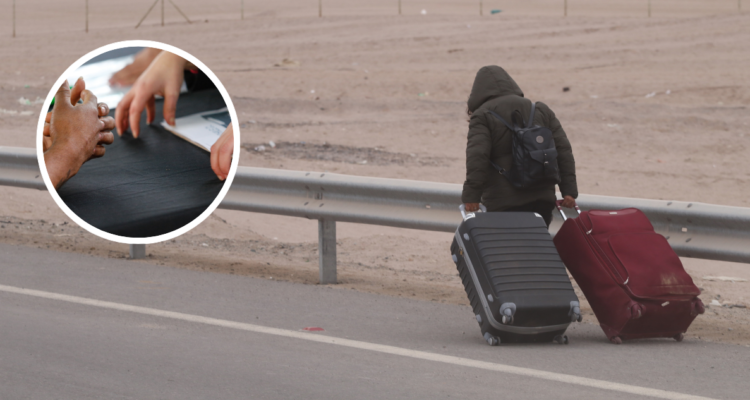 Migrante con maletas. Y manos de dos personas y documentos.