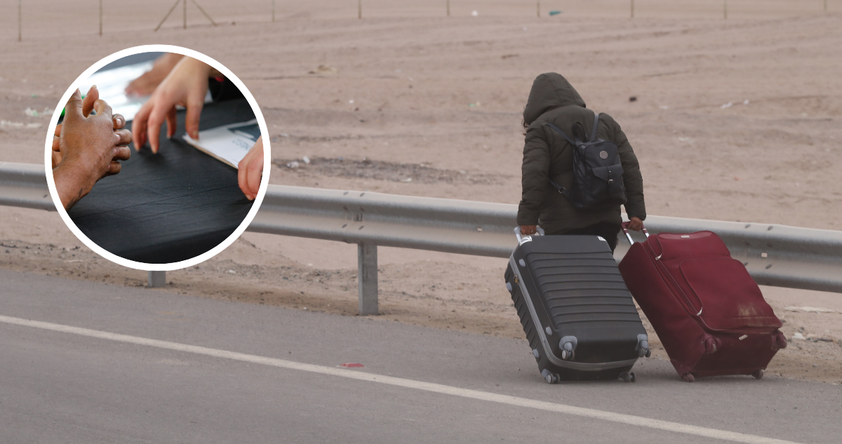 Migrante con maletas. Y manos de dos personas y documentos.