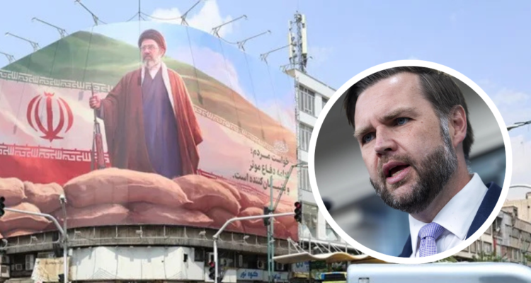 Vicepresidente de Estados Unidos, JD Vance. Y mural que muestra la bandera de Irán.