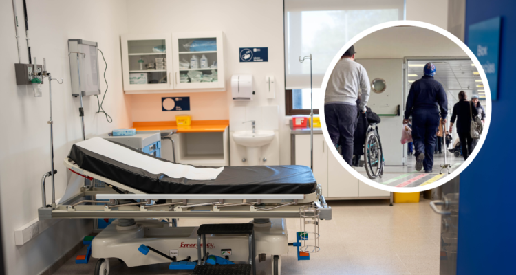 Foto de contexto de recinto de salud muestra una camilla. Y foto de personas ingresando a hospital.