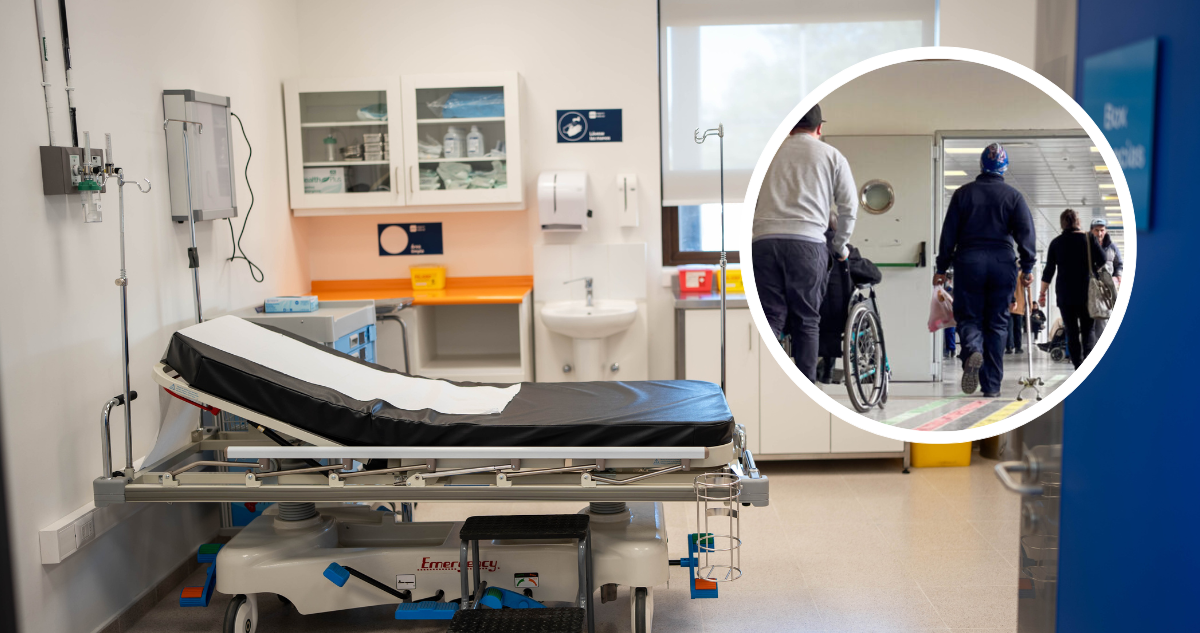 Foto de contexto de recinto de salud muestra una camilla. Y foto de personas ingresando a hospital.