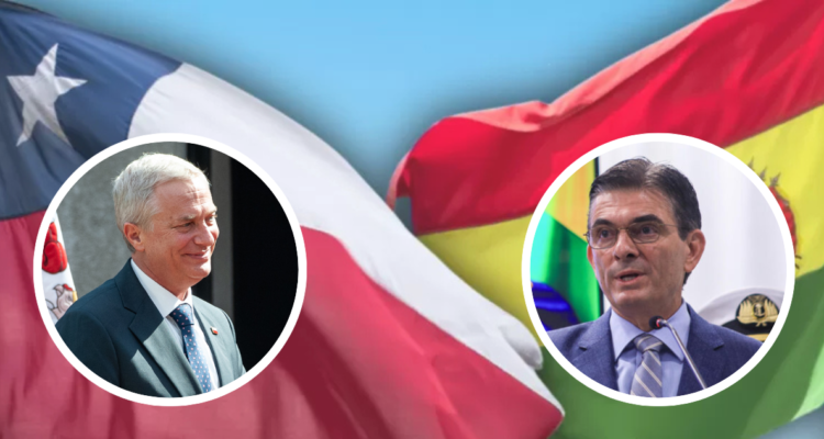 Banderas de Chile y Bolivia. Y fotos de los presidentes de ambos países.