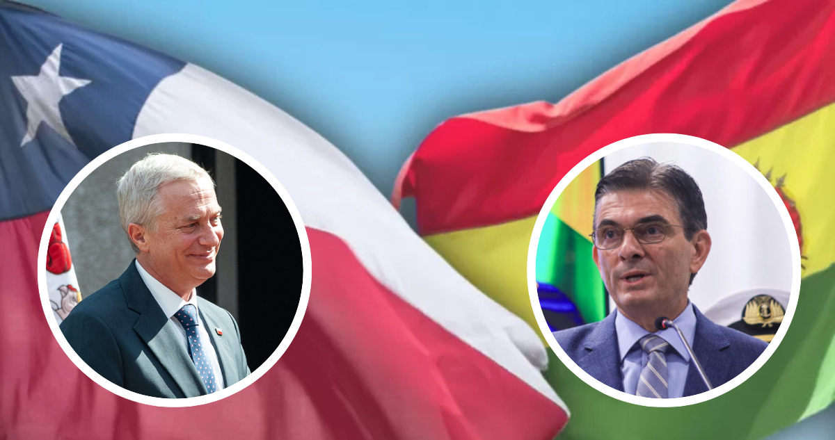 Banderas de Chile y Bolivia. Y fotos de los presidentes de ambos países.