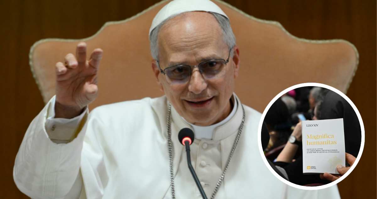 Papa León XIV y foto de su Carta Encíclica Magnifica Humanitas, sobre la custodia de la persona humana en el tiempo de la inteligencia artificial.