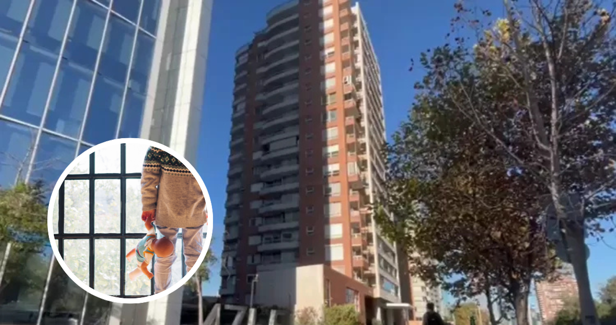Edificio donde ocurrió accidente. Y foto de contexto de niño frente a ventanal.