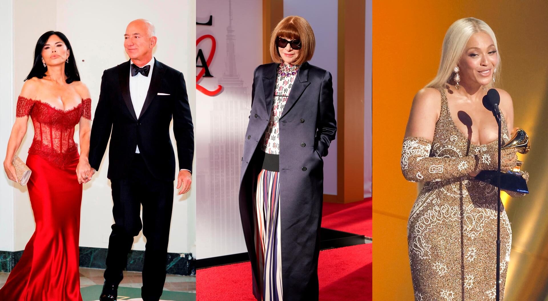 Archivo | Jeff Bezos y su esposa Lauren Sánchez (i), la directora editorial global de Vogue, Anna Wintour (c) y Beyoncé (d)