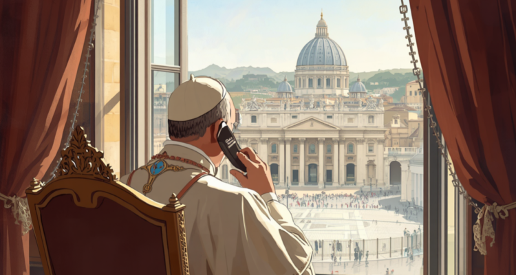 Ilustración del Papa León XIV hablando por teléfono.