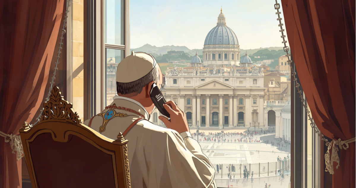 Ilustración del Papa León XIV hablando por teléfono.