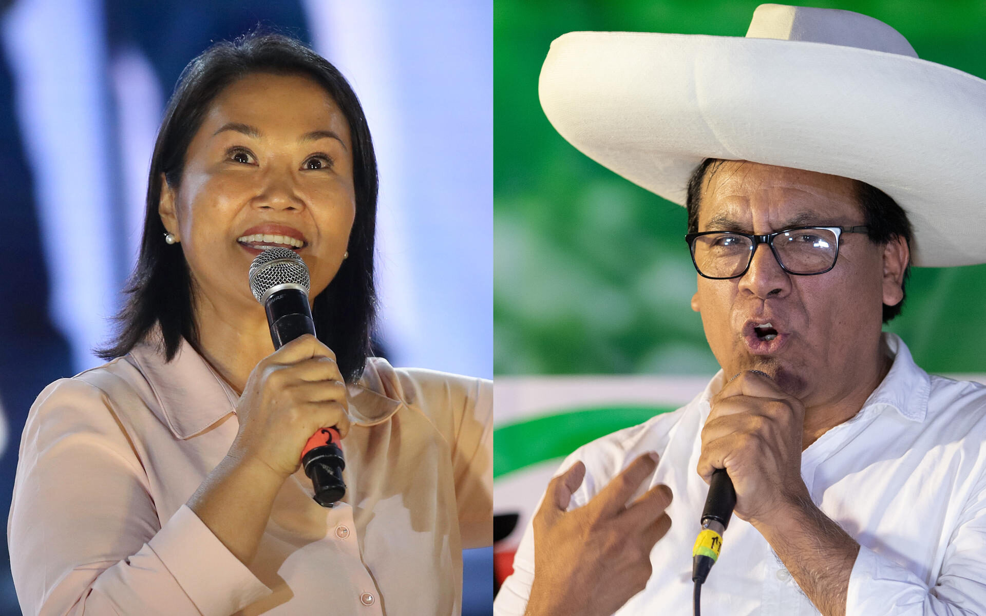 Keiko Fujimori (i), del partido Fuerza Popular, y Roberto Sánchez, del partido Juntos por el Perú