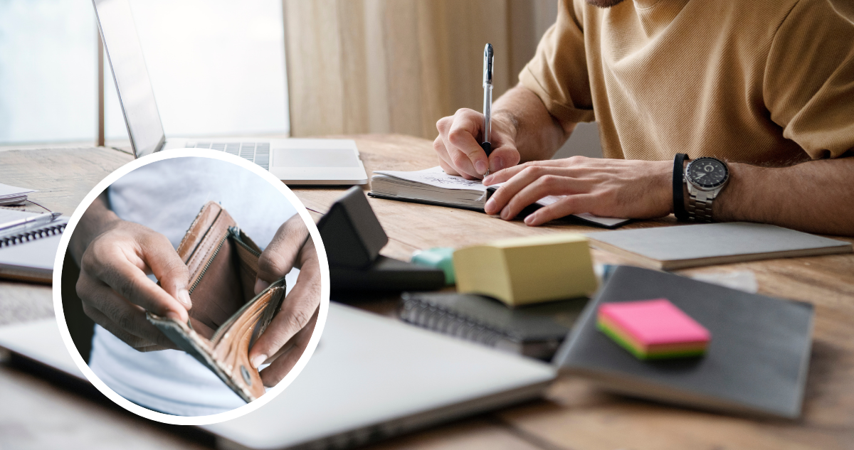 Joven estudiando y foto de billetera vacía
