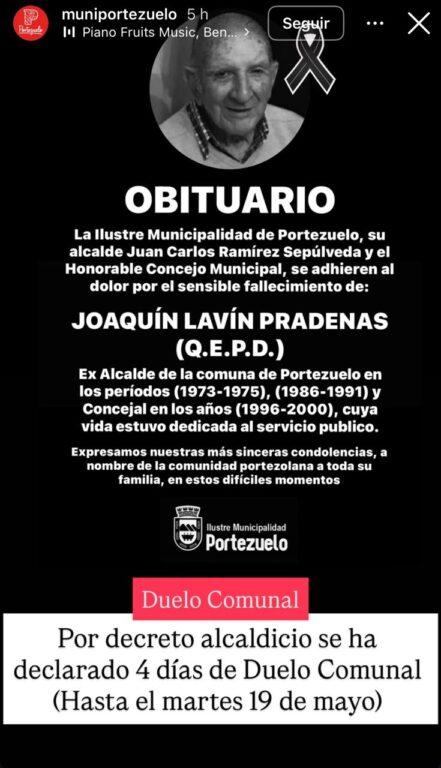 Duelo comunal en Portezuelo por fallecimiento de Joaquín Lavín Pradenas