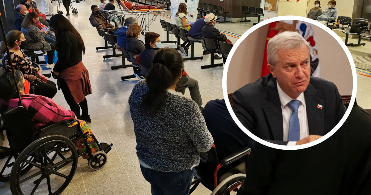 Sala de espera de hospital. Y foto de José Antonio Kast. Para columna sobre recortes en Salud.