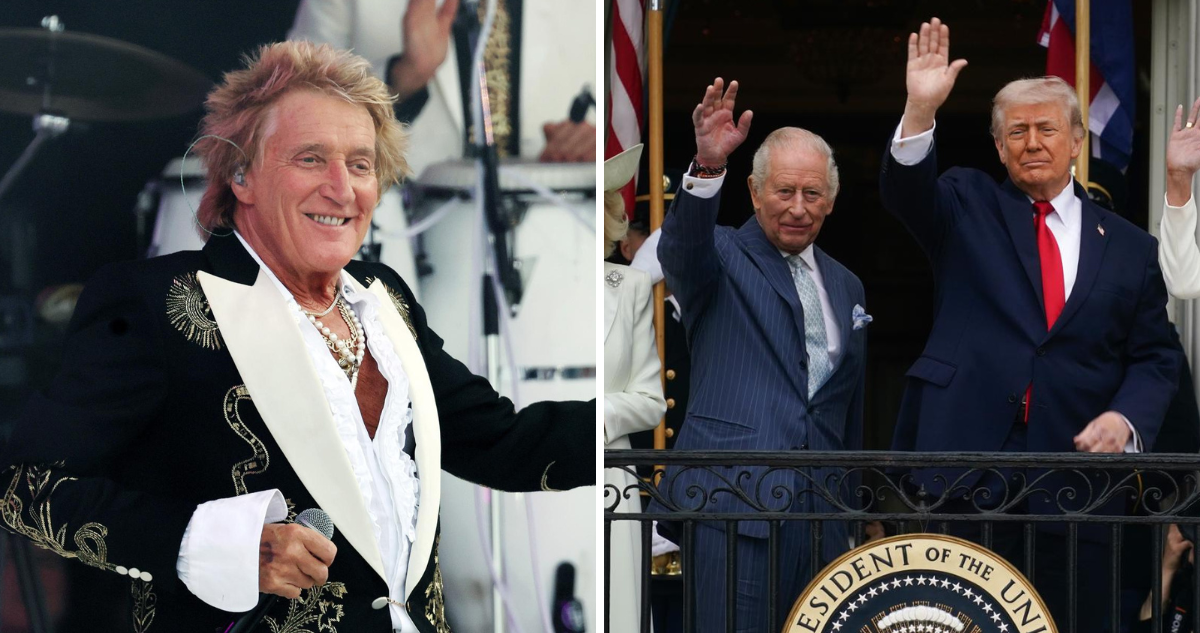 Rod Stewart junto a foto de Donald Trump con el rey Carlos III