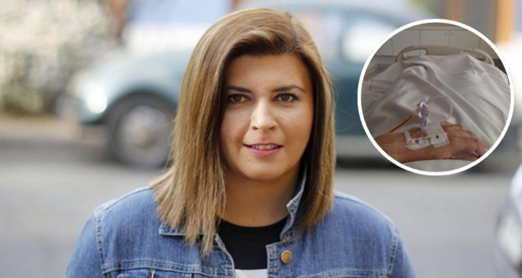 Scarleth Cárdenas y fotografía de su hospitalización por tumor