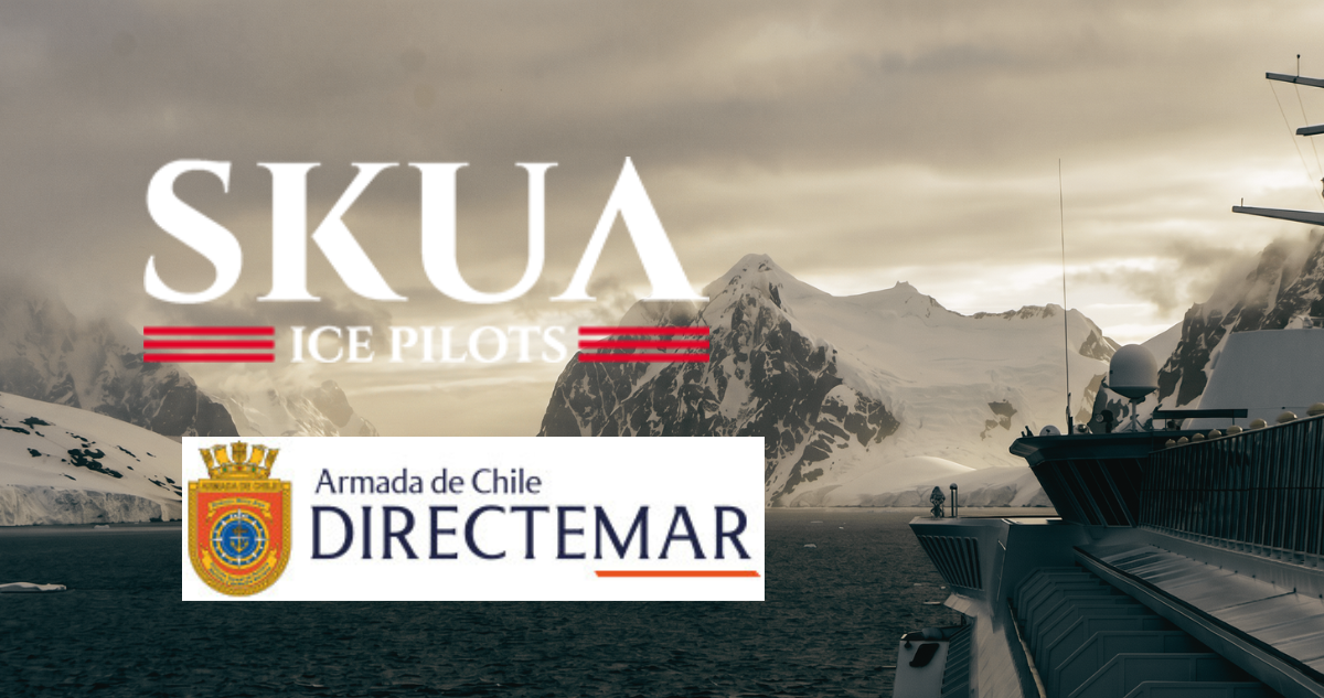 Logos de Skua Pilots y Directemar con fondo de un barco navegando en la Antártica.