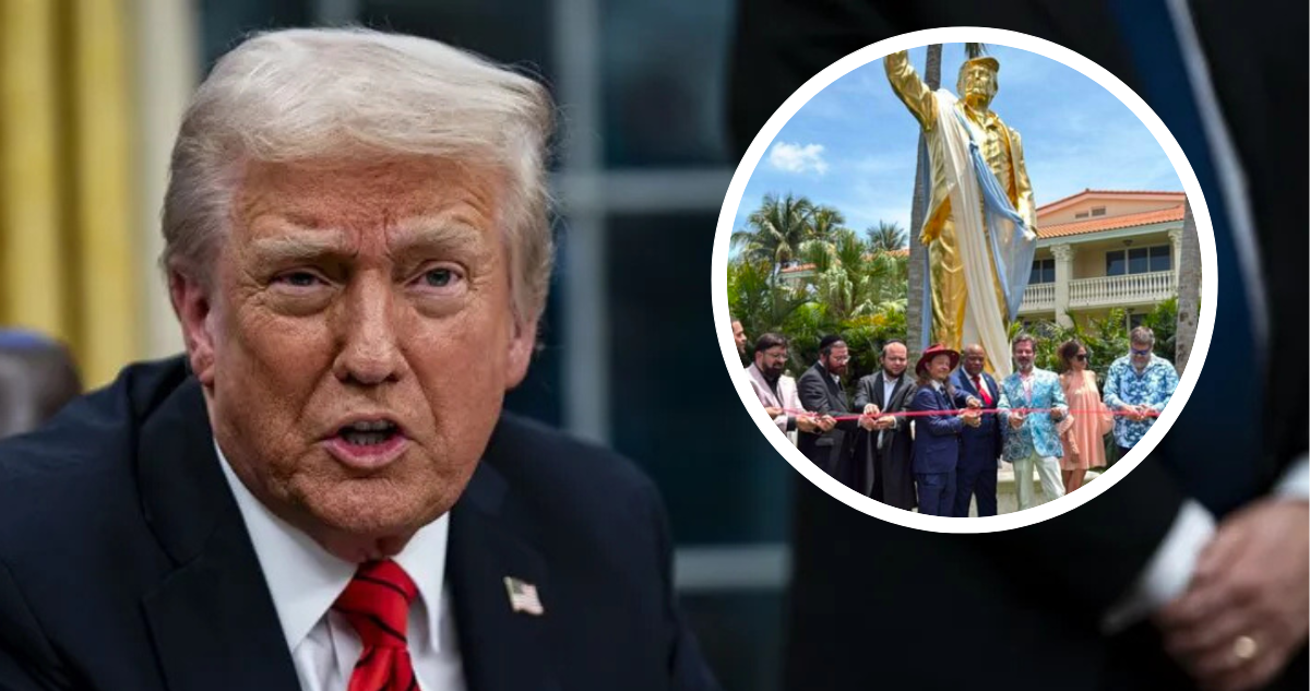 Donald Trump y foto de inauguración de estatua de oro de Trump.