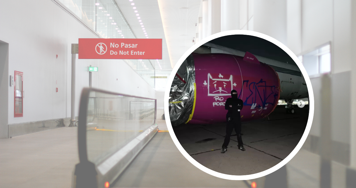 Seguridad Aeropuerto y foto de grafitero que rayó una de las turbinas de un avión.