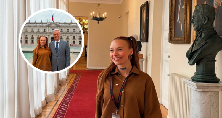 Angie Corine en La Moneda. Y foto de la artista con el presidente José Antonio Kast.