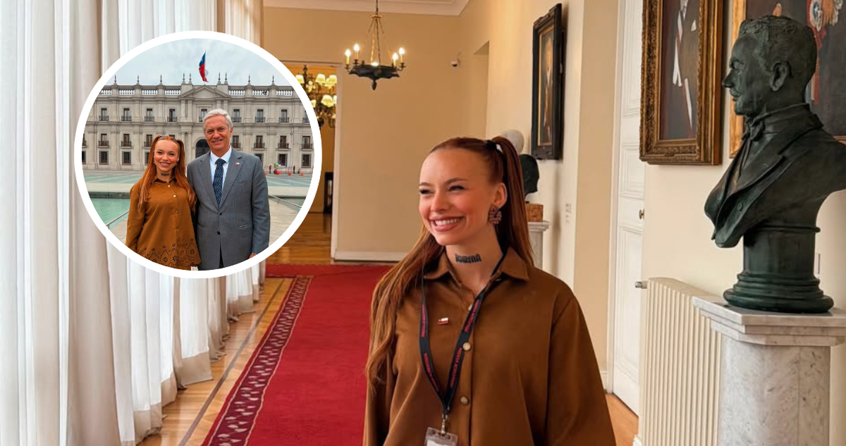 Angie Corine en La Moneda. Y foto de la artista con el presidente José Antonio Kast.