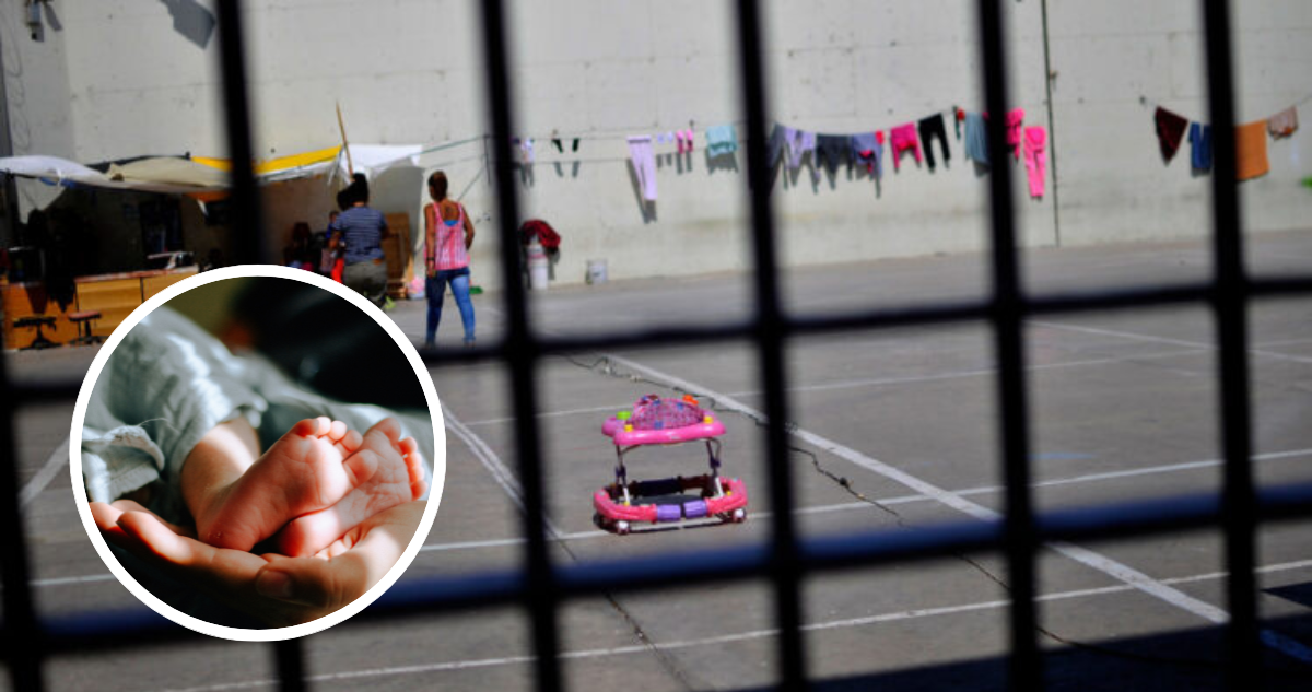 Patio de un cárcel donde se ve a mujeres privadas de libertad, ropa tendida y juguetes de niños. Y foto de contexto de pies de bebé.