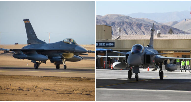 Un F-16C Fighting Falcon Block 40 de EEUU y un F-39E Gripen de Brasil