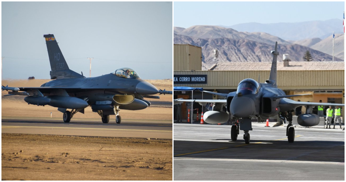 Un F-16C Fighting Falcon Block 40 de EEUU y un F-39E Gripen de Brasil