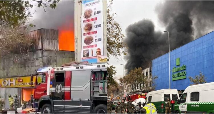 Bomberos combate gigantesco incendio de locales comerciales en el centro de Santiago