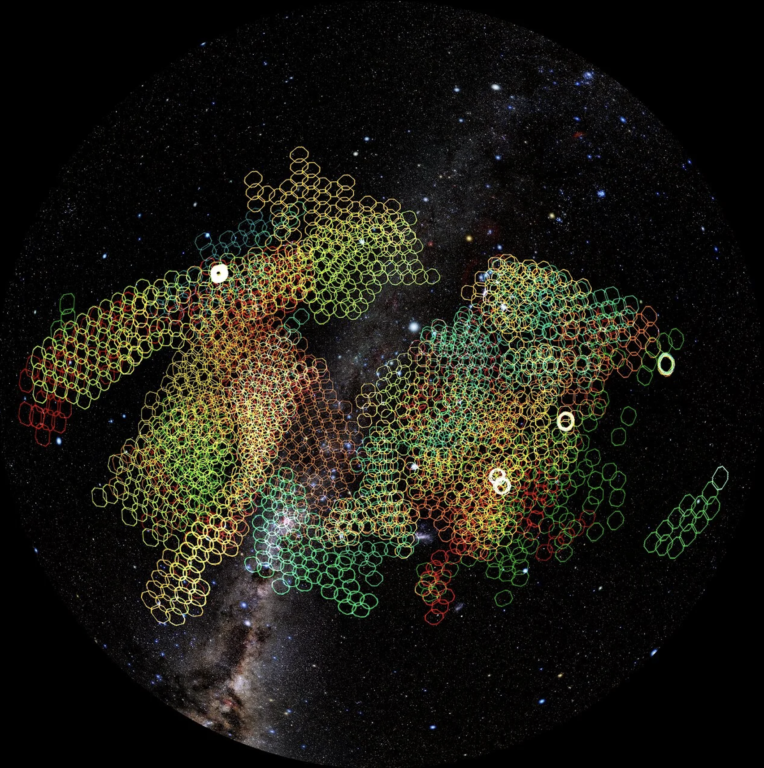 Este mapa muestra una semana representativa de las observaciones del Observatorio Rubin para la Investigación del Espacio-Tiempo como Legado para la Posteridad