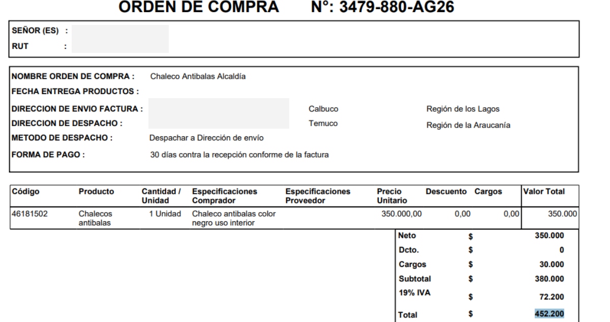 Orden de compra chaleco antibalas para alcalde de Calbuco