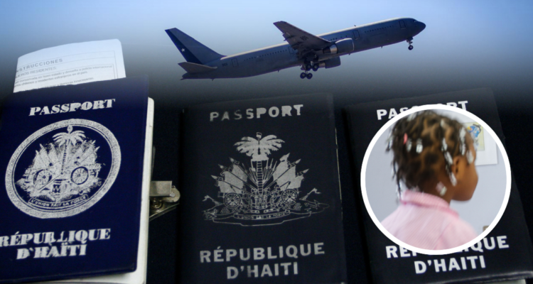 Avión, pasaportes de Haití y foto de contexto de niña haitiana.