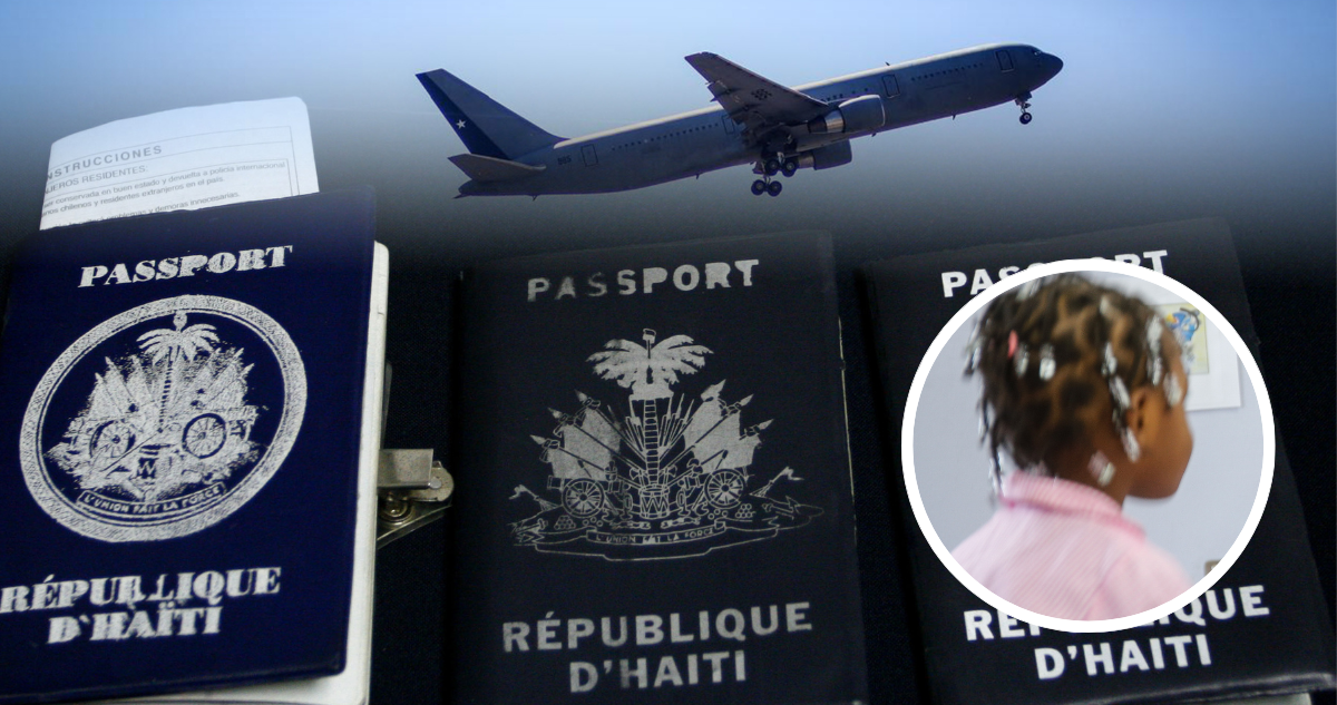 Avión, pasaportes de Haití y foto de contexto de niña haitiana.