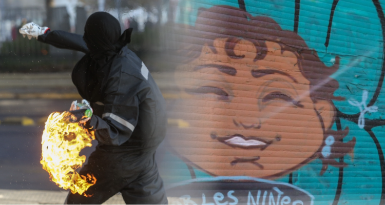 Hombre con bomba molotov y rayado en pared.
